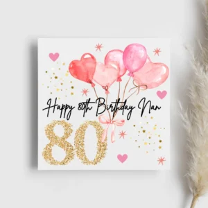80th Birthday Grandad/ Nan - Special Birthday Card, blue balloon, pink balloon, bright, sparkly, 80, big birthday, celebrate, we love you